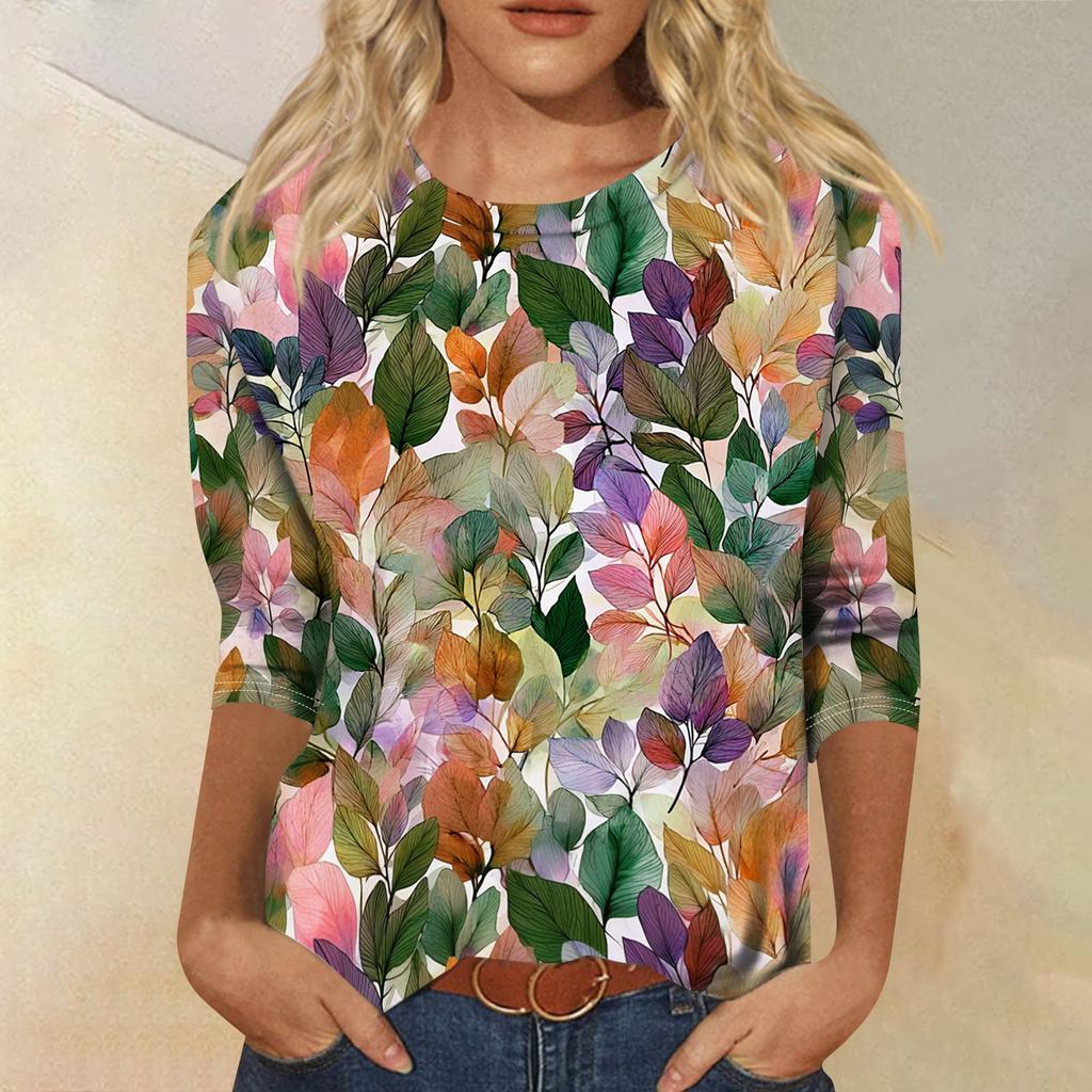 Women's Casual Round Neck Three Quarter Sleeve T Shirt Autumn Print Lightweight Soft Fabric Comfortable Fit Relaxed Style