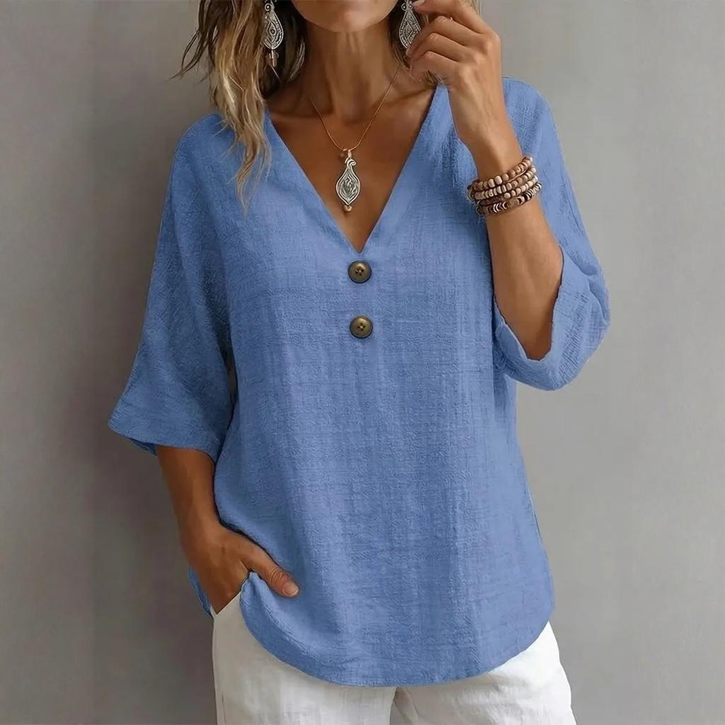 Modny wielokolorowy luźny top damski z dekoltem V i guzikami