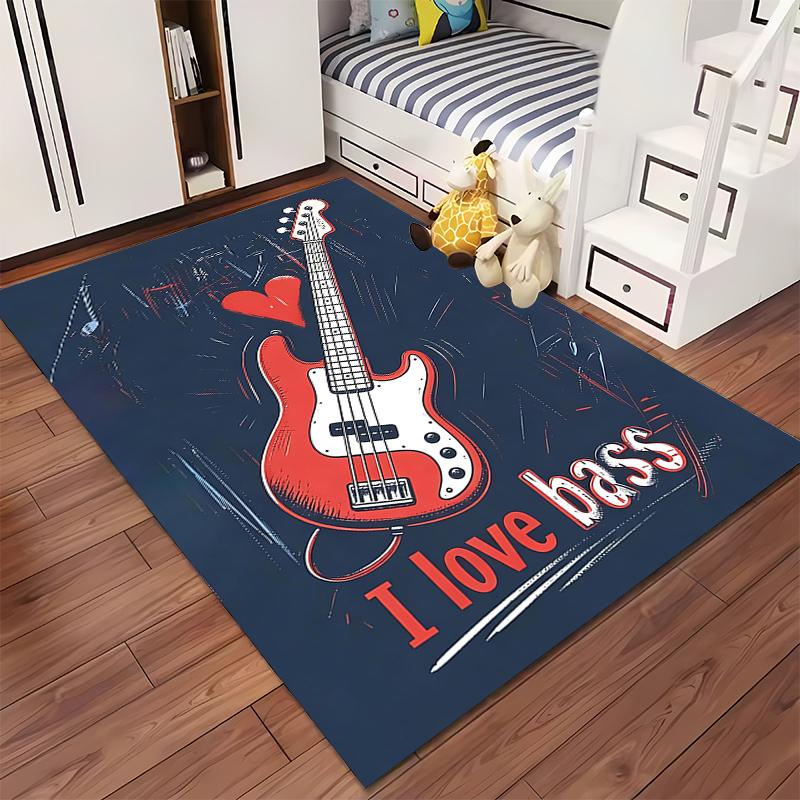 "I Love Bass Guitar Pattern Carpet with Red Guitar On Dark Background" Suitable for Use As an Anti-slip for Living Room Bedroom Sofas