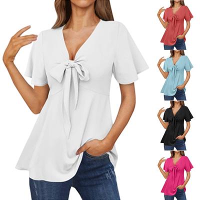 Women's Blouse Casual Tie V Neck Tunic Shirt  Short Sleeves Ladies Tops