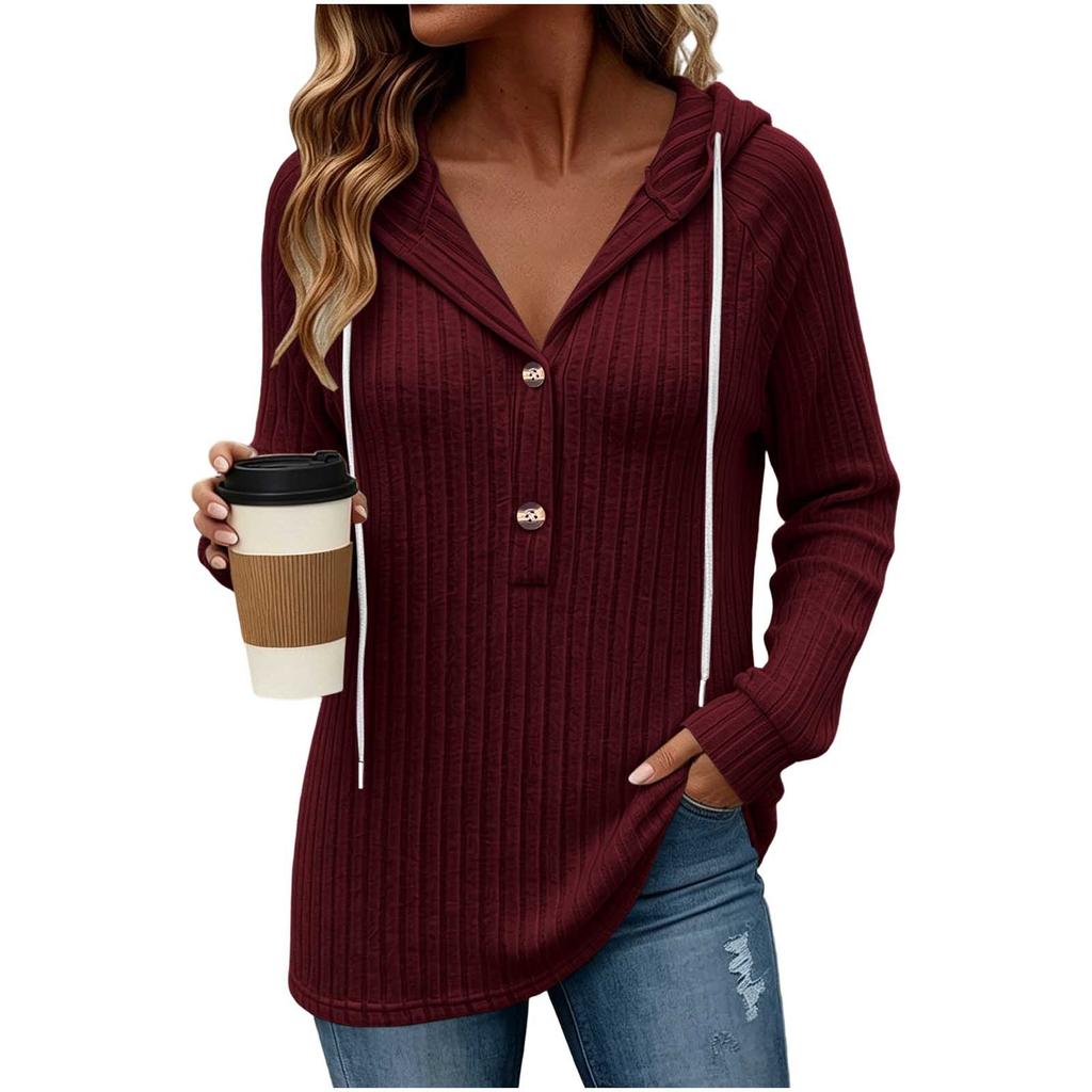 Women's Casual Long Sleeve Hooded V-Neck Loose Fit Top Color