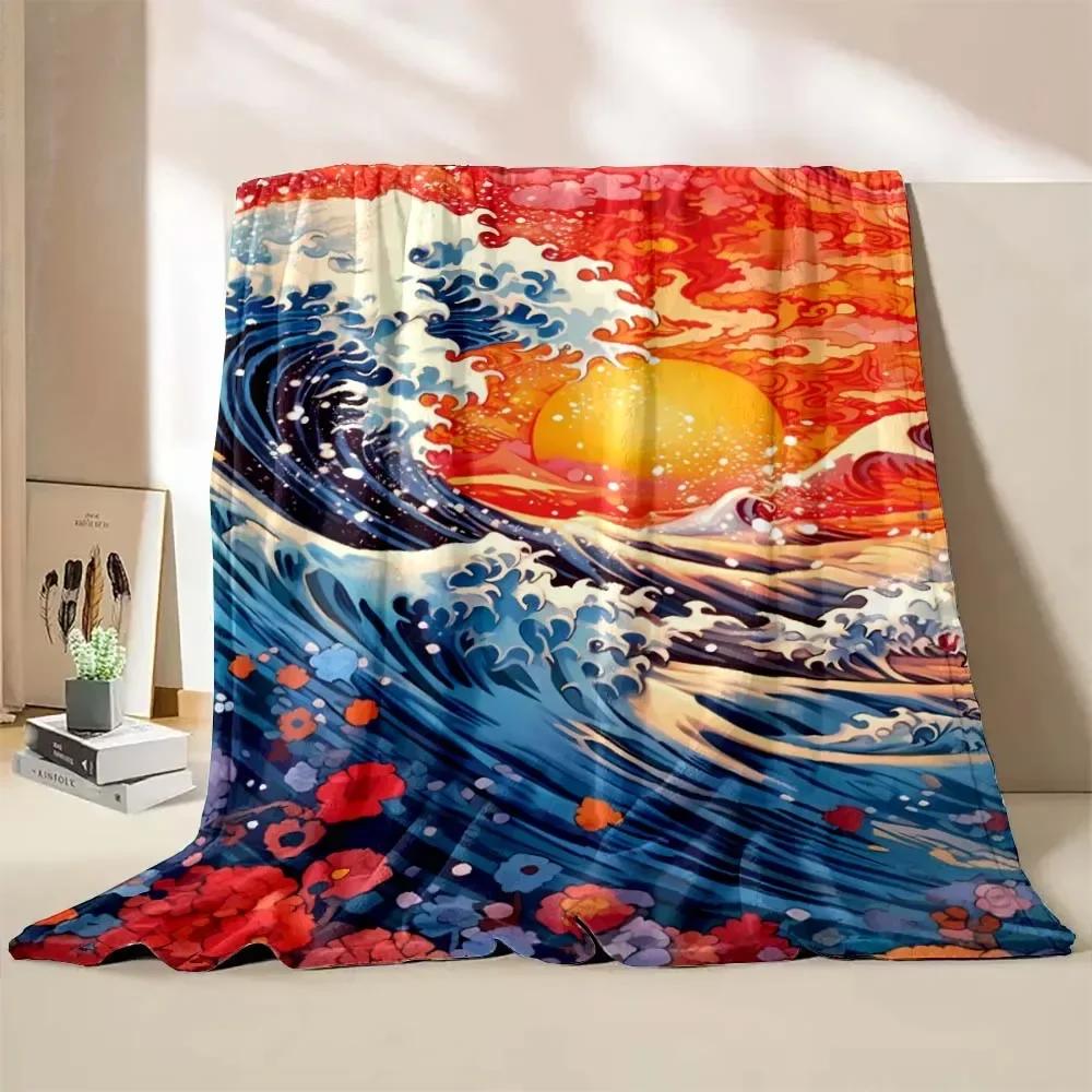 New! Japan Art Beautiful Wave Printed Blanket Fine Workmanship,Home Office Nap Trip Car Blanket for Four Seasons Quickly Arrival