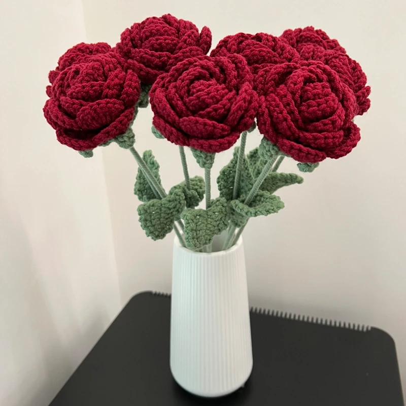 1pc Romantic Wine Red Knitted Rose Bunch Diy Finished Flower Crafts Valentine's Days Wedding Couple Gift Hand Crochet Home Decor