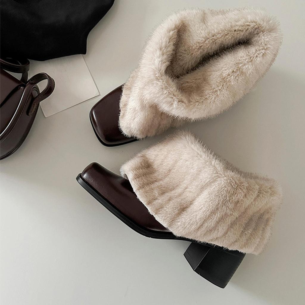 Stylish niche personalized warm snow boots women's French square head thick heel plush winter plush cotton boots