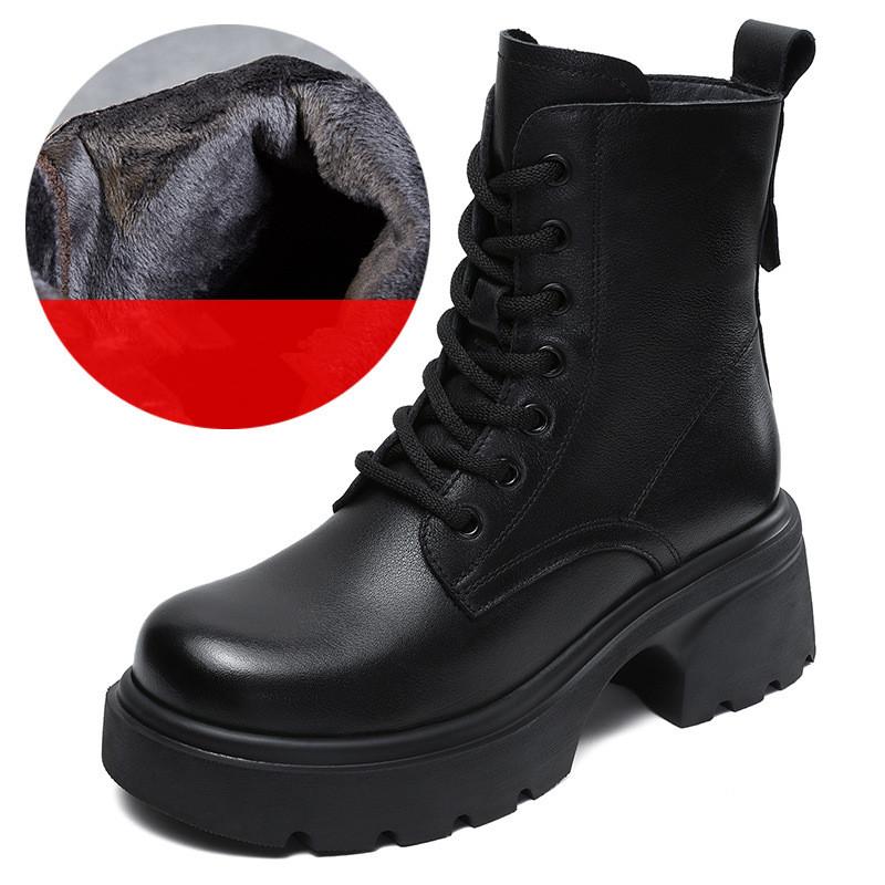 

Johnature Натуральная кожа Толстая подошва Короткие сапоги в британском стиле Универсальные женские туфли на платформе из коровьей кожи 37-Plush чёрный