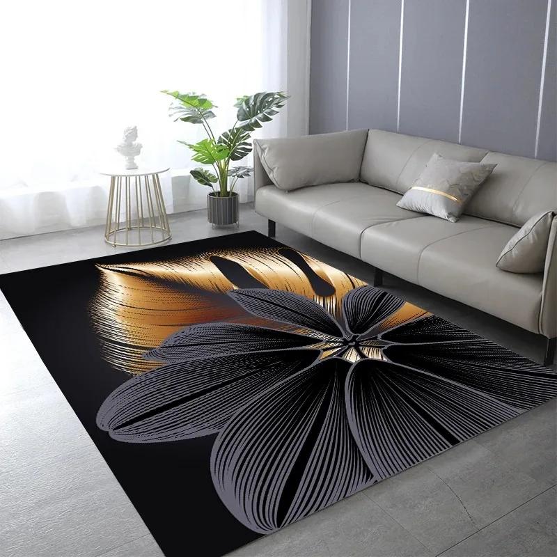 Abstrakt Schwarz Gold Pflanze Blatt Teppich Kunstdruck Design Teppiche für Schlafzimmer Nachttisch Rutschfest Zuhause Sofa Couchtisch Dekor Fußmatte