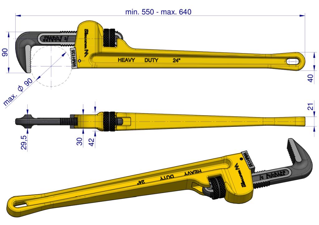 American Type Pipe Wrench 24" Reinforced CrMo Jaws Max Diameter 90 Waryński
