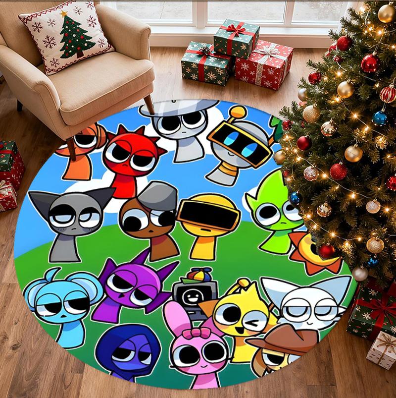 Sprunki Game Pattern Round Rug, Indoor/Outdoor Mat, for Picnic, Gameroom, Bedroom, Office, Living Room, Home Decor Carpet, Birthday Gift