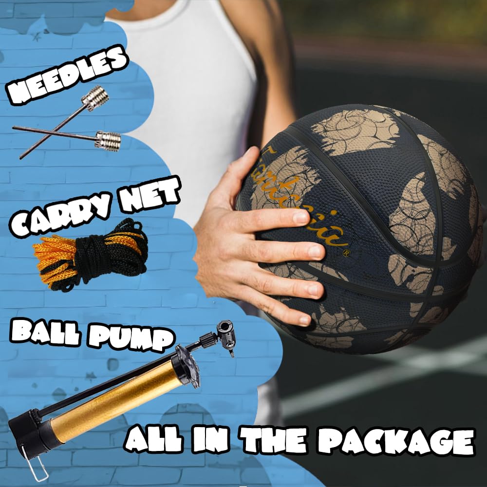 Fantecia Size 5 Rubber Basketball for Junior and Young Black with Circle Line Pattern Basketball, Indoor/Outdoor Players,