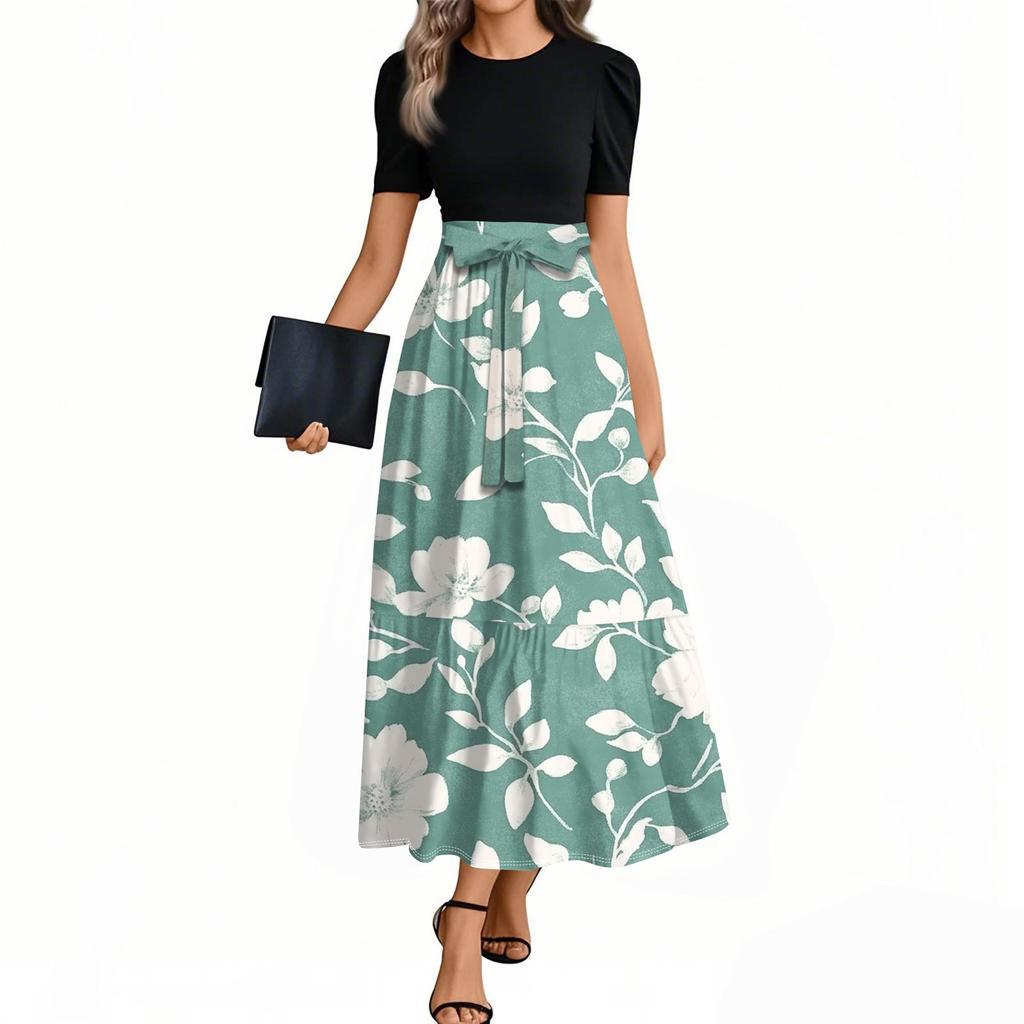 Women's Elegant Fashion Floral Print Belted Short Sleeve Round Neck Splicing Casual Dress