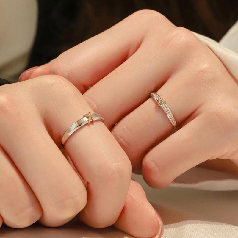 Adjustable Sterling Silver Eternal Heart Knot Couple Rings: Exquisite Two-Tone Valentine's Day Pair for Men and Women