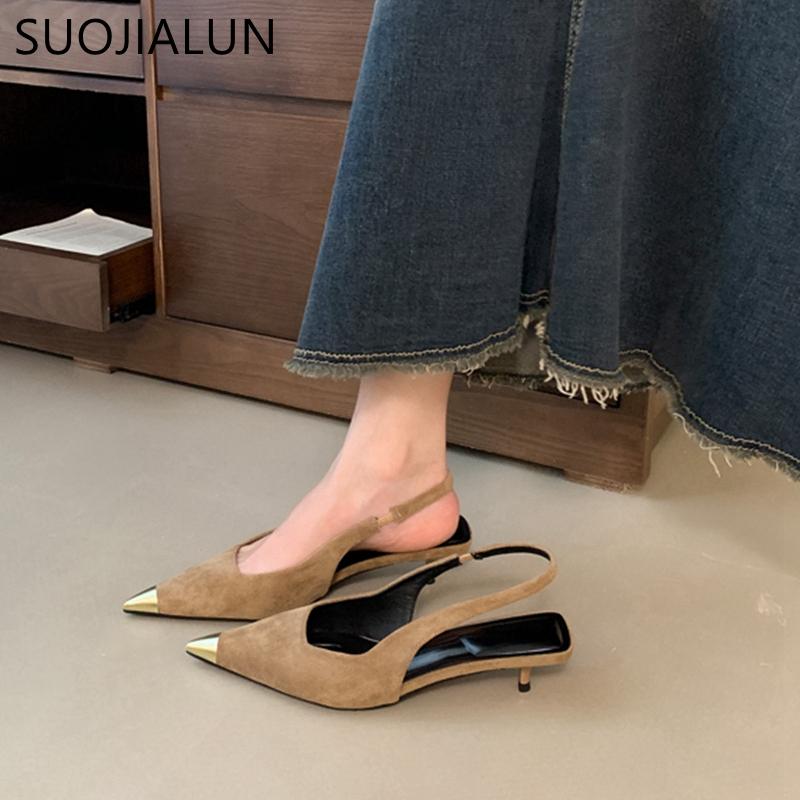 Fashion SUOJIALUN 2025 Spring New Brand Women Sandal Fashion Pointed Toe Shallow Slip On Ladies Slingback Shoes Thin High Heel Dress Pum