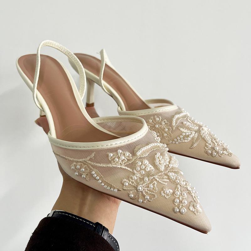 Back strap femininity stilettos pointed toe bag head white embroidered beaded mesh sandals women's wedding shoes