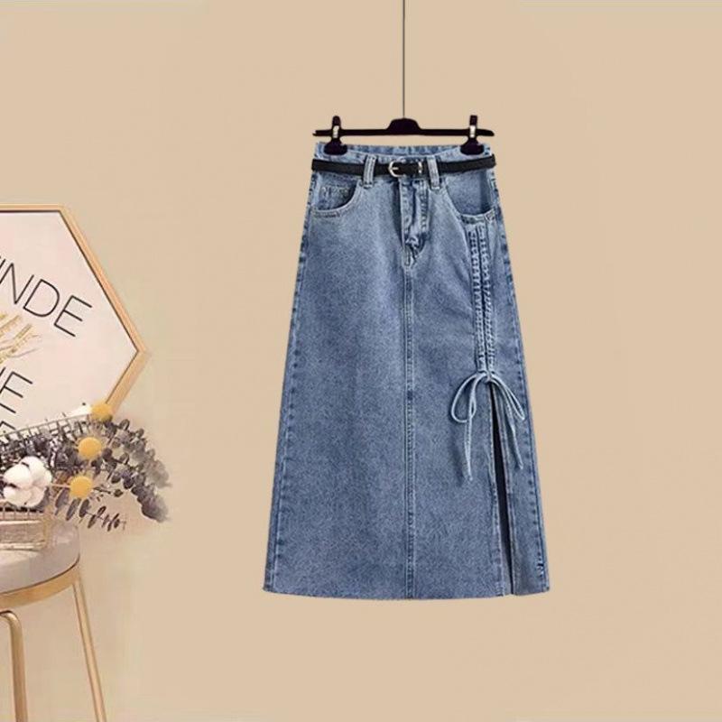 

Летний комплект из двух предметов большого размера 2024: Молодежная свободная рубашка и элегантная джинсовая юбка L (100-120 jin)