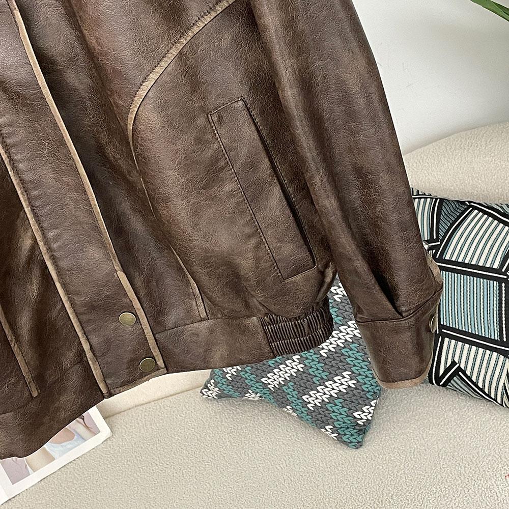 OFTBUY Women Vintage Loose Pu Faux Leather Short Jacket Pockets Motorcycle Jacket Female Zipper Retro Moto Biker Coat Outwear Tops