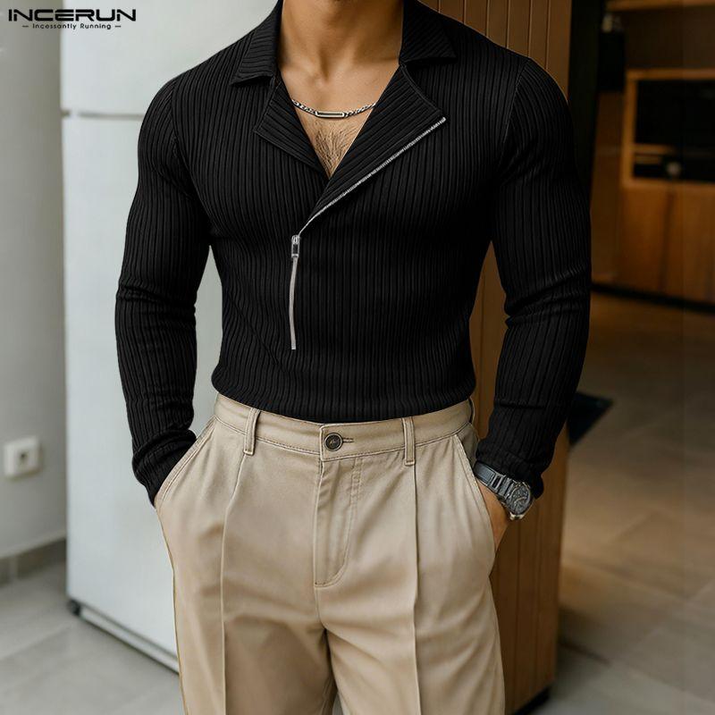INCERUN Autumn Spring Men Zip-up Neck Long Sleeve Casual Rib Pullovers Tops