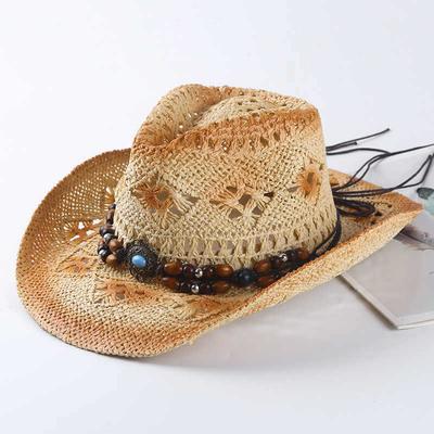 Summer Hollow Straw Hat Gradual Change Beaded Jazz Cowboy Hat Outdoor Sun Hat