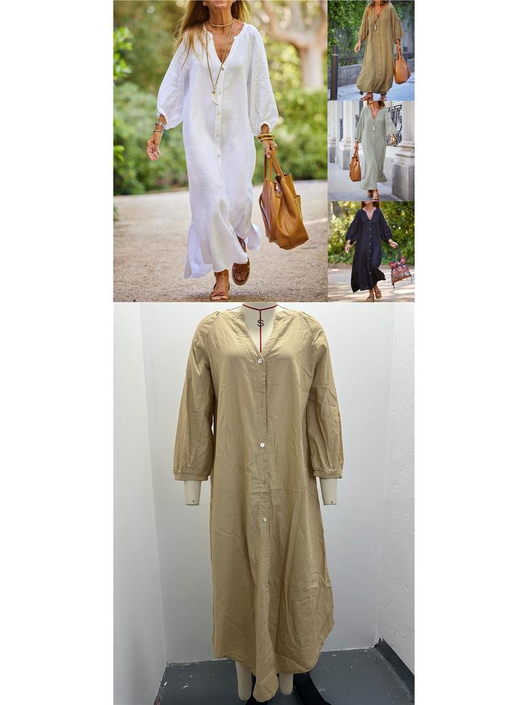 New Women's Cotton Linen Long Sleeve Cardigan Dress for Autumn and Winter