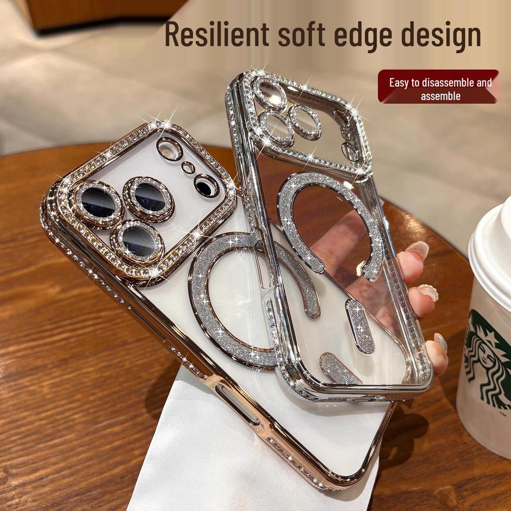 Rhinestone Magnetic Phone Case for iPhone 17 Pro Max: Transparent, Glittery, Electroplated, Anti-fall Protective Cover