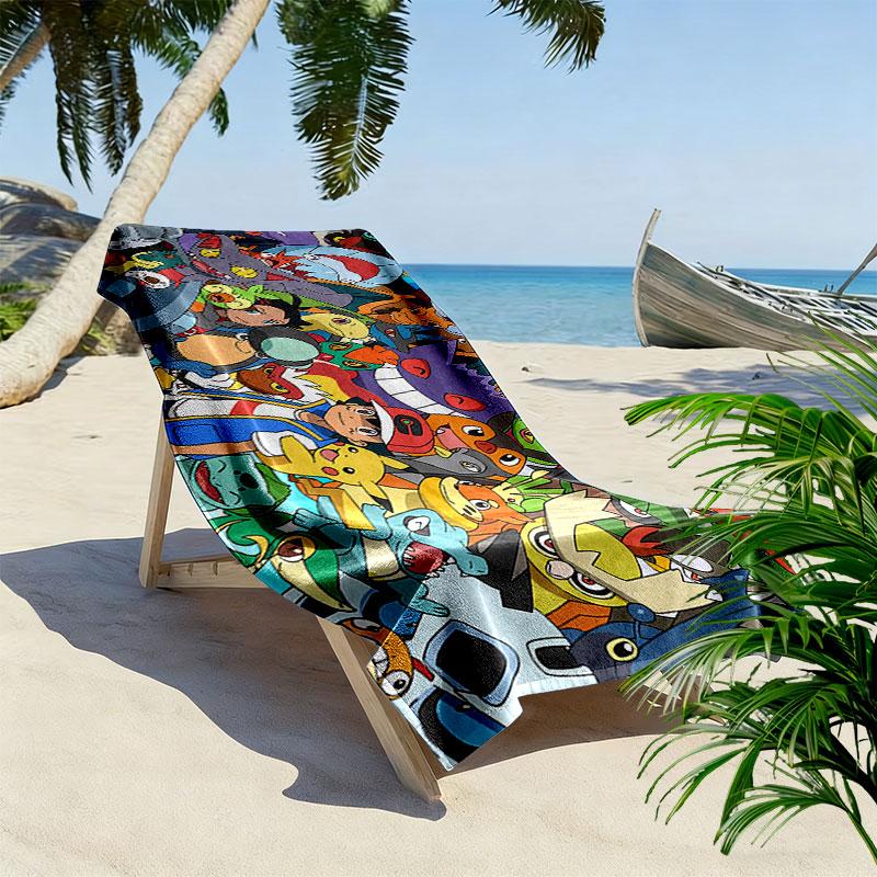 Cartoon Pokemon Print Beach Towel, Large Soft Quick Dry Towel for Beach Camping Swimming