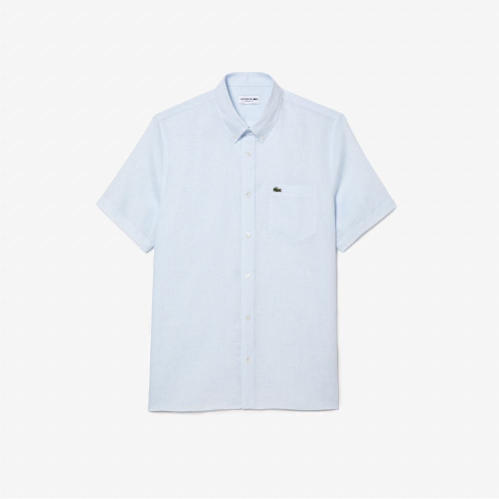LACOSTE Men s Linen Short Sleeve Shirt [Sky Blue]