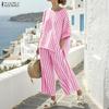 ZANZEA Women 3/4 Sleeve Blouse and Pants Summer Stripe Two Piece Suit Sets