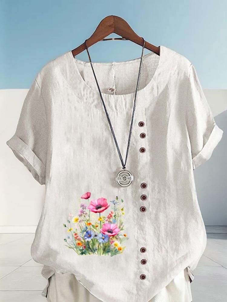 Women's Fashion Flower Bed Printing Round Neck Short Sleeve T-shirt Casual Cotton Linen Graphic Shirt Leisure Loose Summer Blouse Tops