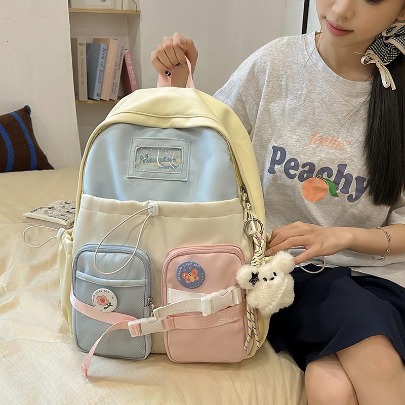 Junior High School Student Schoolbag Color Block Women's Large Capacity Backpack