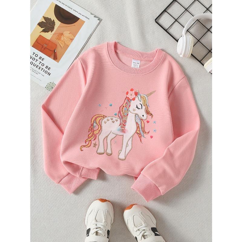 European Sizes Unicorn Floral Mane Stars Girls' Crew Neck Fashion Sweatshirt, Western Top, Children's Long Sleeved Casual Tee