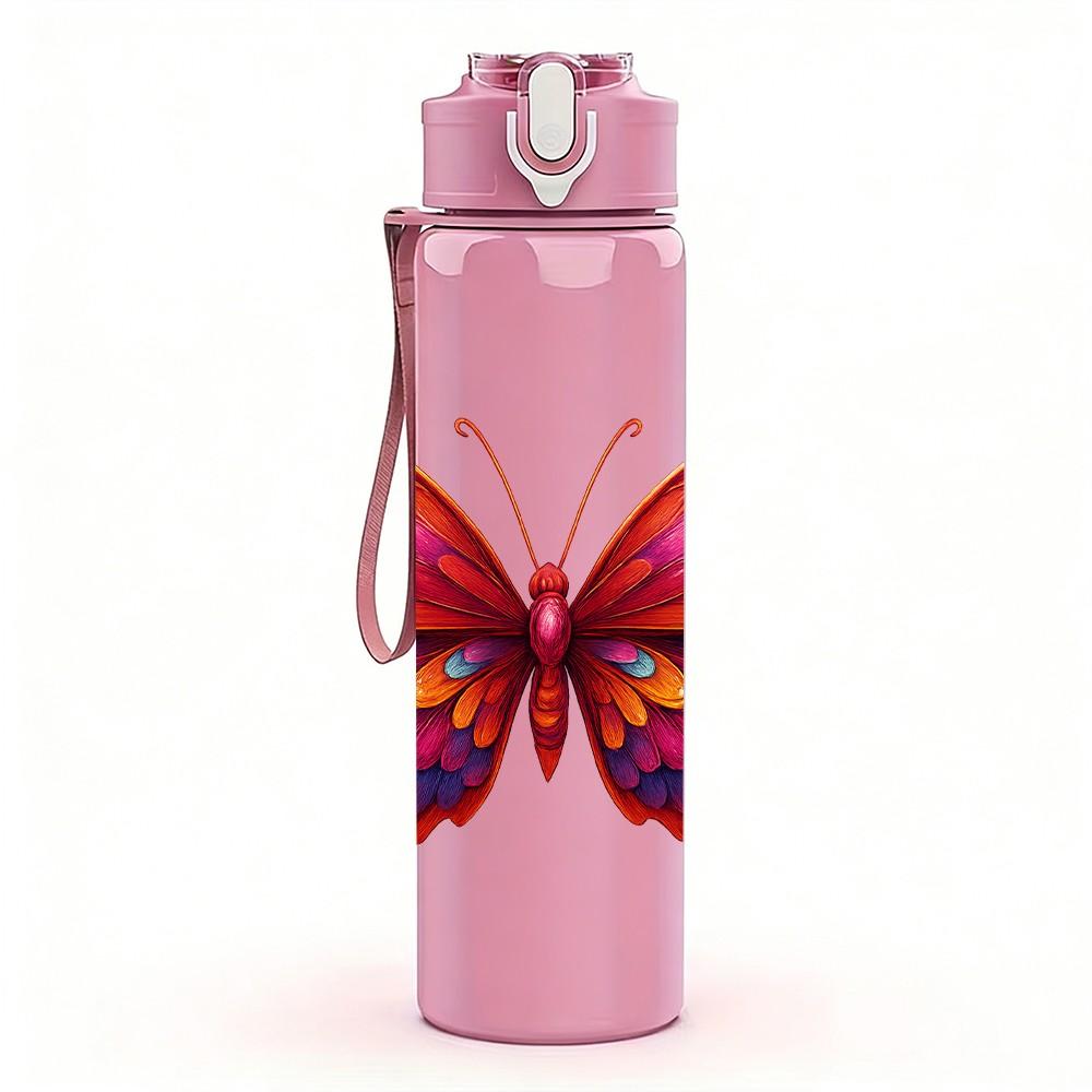 1 PZ Farfalla con Ala Arcobaleno Primo Piano 750ml Plastica Colorata Borraccia Sportiva Tappo Flip con Cannuccia Anti-perdita Adatta per Sport Ufficio Uso Domestico