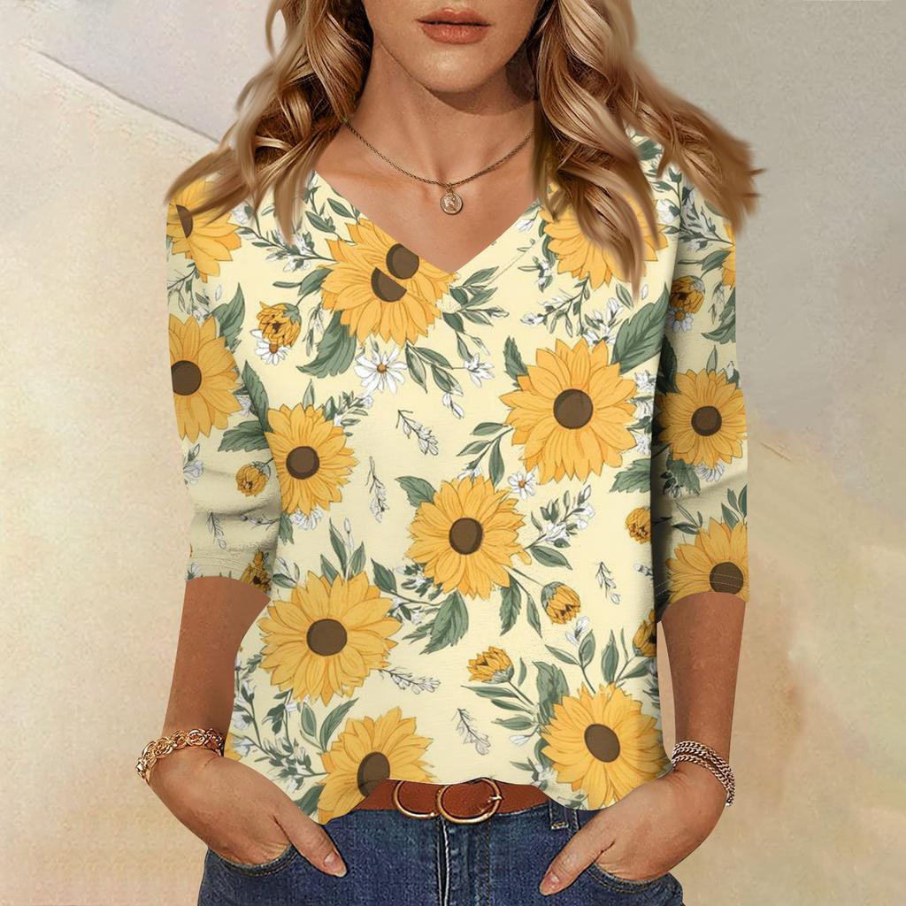 Women's Fashionable Casual V-Neck Three-Quarter Sleeve Printed T-Shirt Top