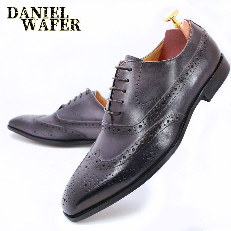 Fashion Size 38 To 47 Classic Genuine Leather Mens Wingtip Oxfords Office Business Formal Shoes Lace-up Brogue Wedding Shoes for Men
