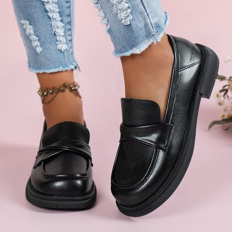 Butterfly Buckle Pu Leather Loafers Women British Style Black Low Heels Work Shoes Ladies  Spring Slip On Casual Shoes 42