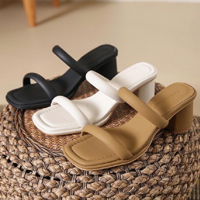 Fashion High Quality Square Toe Narrow Band Women Sandals Summer Open Toe Hoof Heel Slide Sandals Simple Comfort High Heeled Sandals