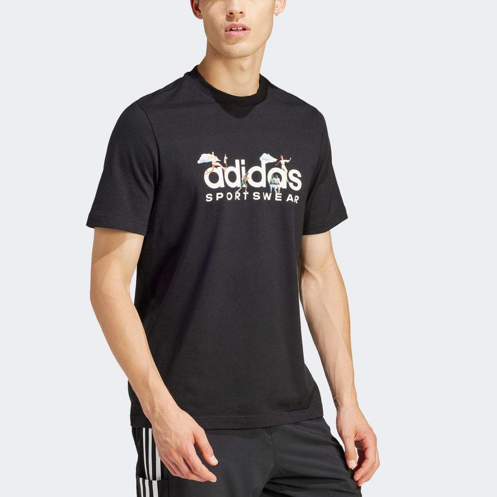 Adidas Performance Landscape Cartoon Print Casual Comfortable Crew Neck Short Sleeve T-Shirt Men Tops Black IS2863