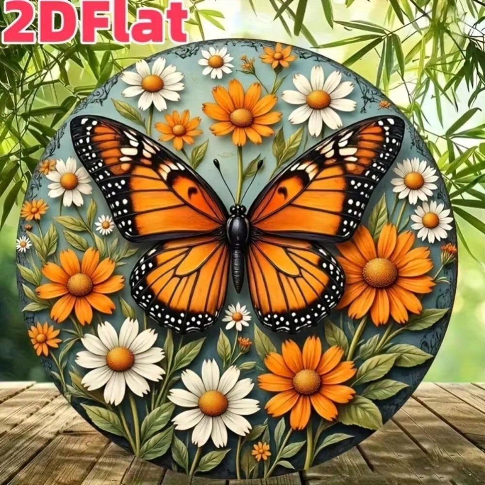 Vintage Metal Sign Butterfly Daisy Floral Artwork Weatherproof Tin Plaque for Outdoor Garden Patio Wall Decor