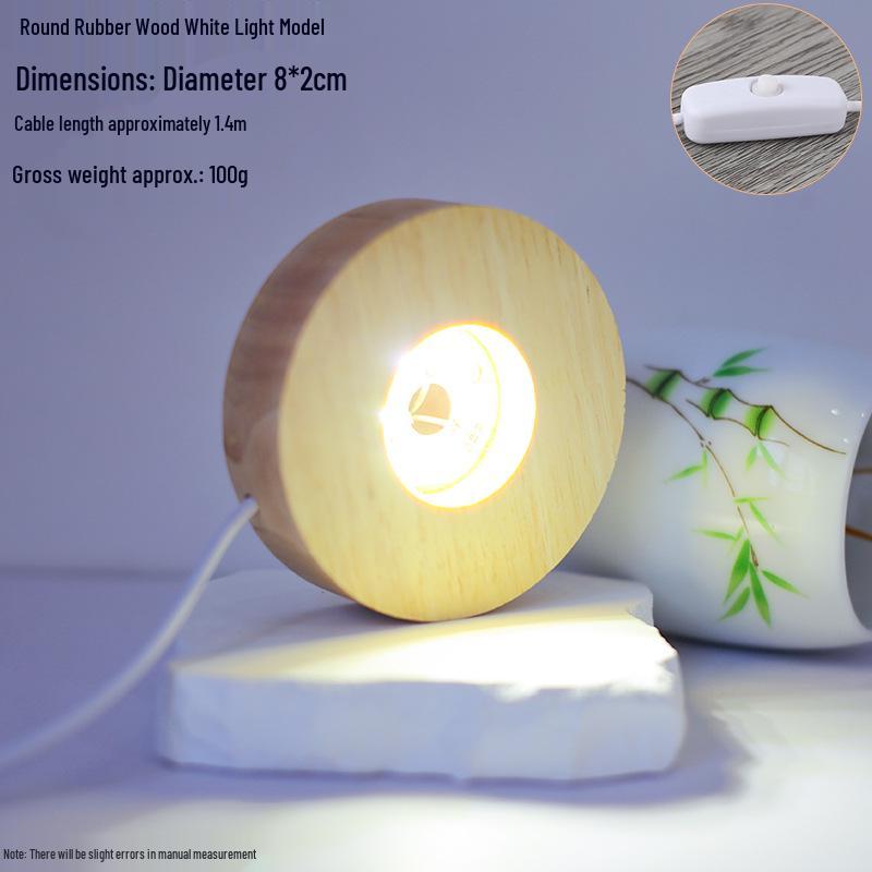 Round LED Night Light with Luminous Crystal Ball and Wooden Base for Bedroom