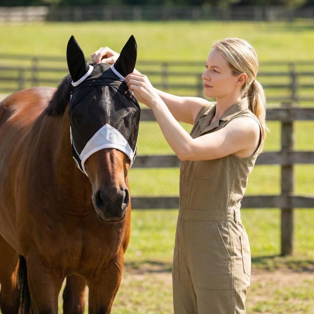 Maschera per cavallo con protezione per le orecchie, chiusura regolabile a strappo, copertura protettiva in rete per il viso per la prevenzione di insetti e mosche, attrezzatura equestre