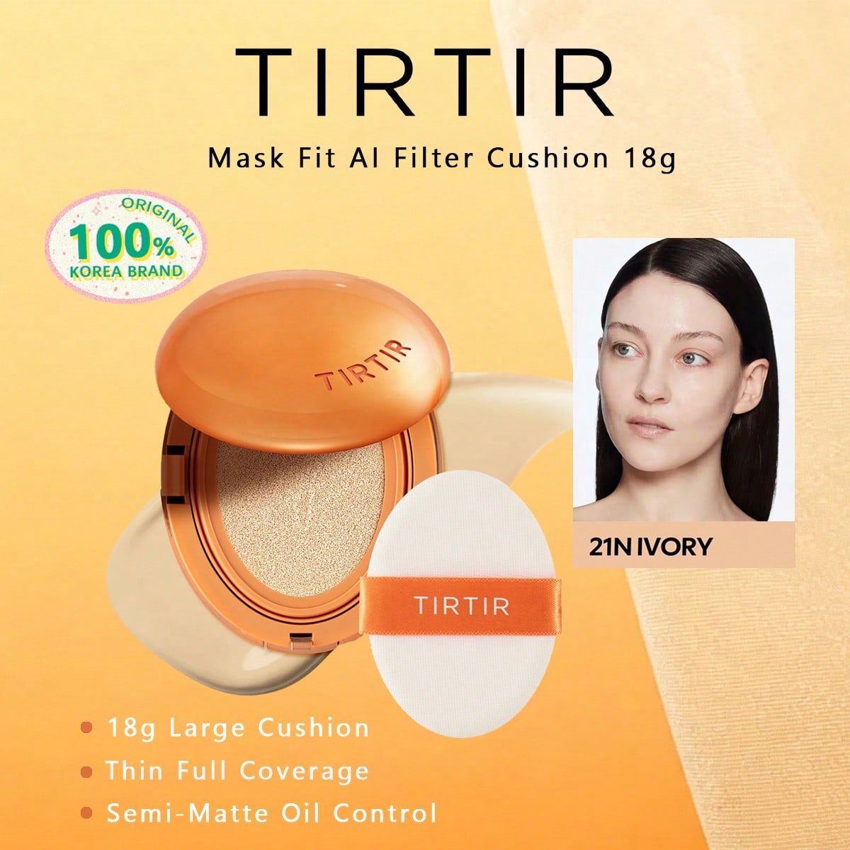 TIRTIR Mask Fit AI Filter Cushion 18g 17C/21N/23N, Weich Weichzeichnend Langanhaltend?Foundation-Kissen tragen, Mehrere Farbtöne erhältlich, K?Schönheit, Koreanisches Make-up 21N Ivory orange