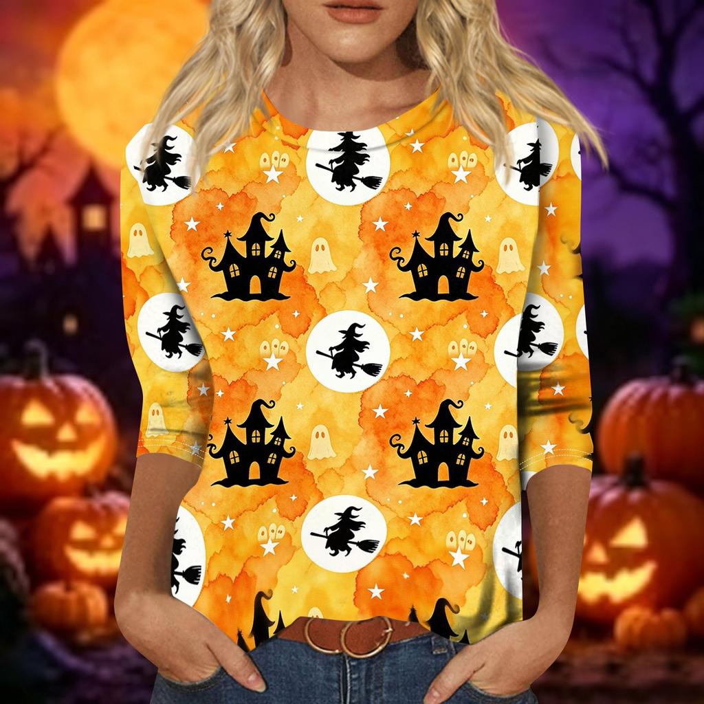 Women Casual Halloween Print Three Quarter Sleeve Round Neck Top Lightweight Comfortable Fit Fashionable Shirt for Everyday Wear