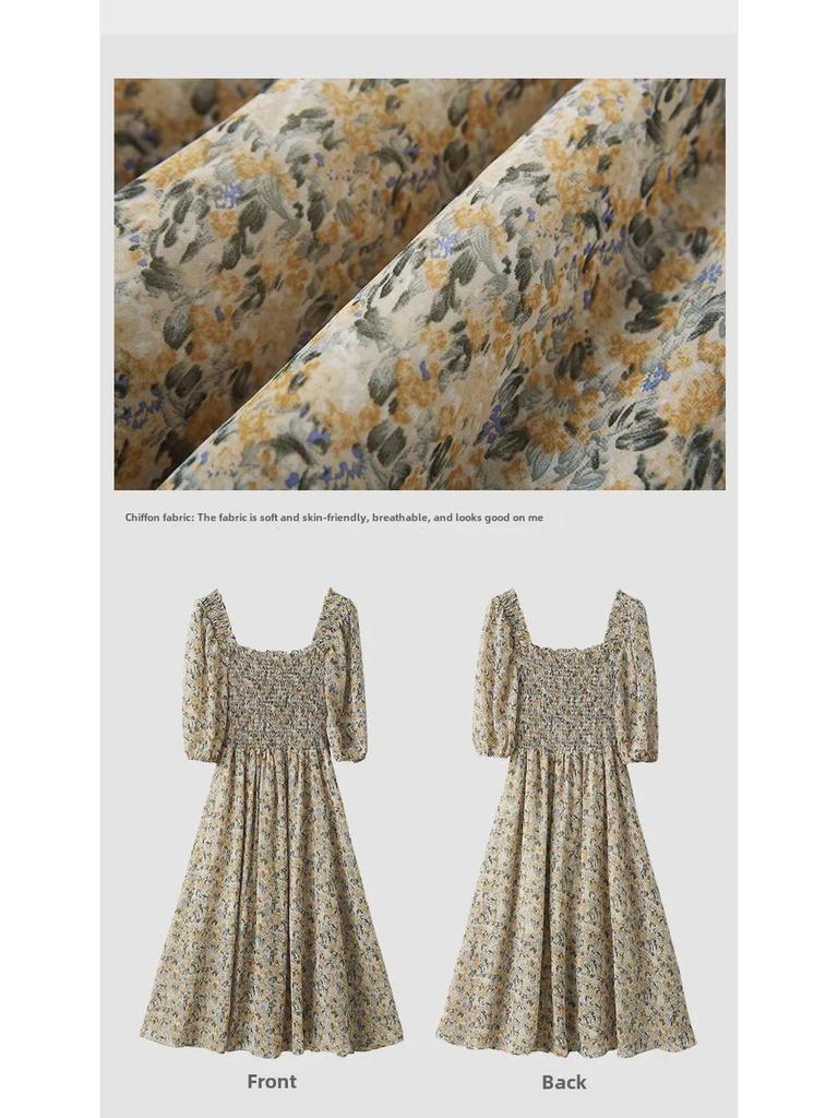 Damen Sommerkleid 2024, geblümtes Chiffonkleid mit quadratischem Kragen und Puffärmeln