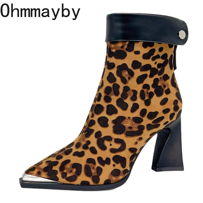 Designer Women High Heel Modern Ankle Boots Fashion Pointed Toe Leopard Short Booties Autumn Winter Women's Casual Shoes