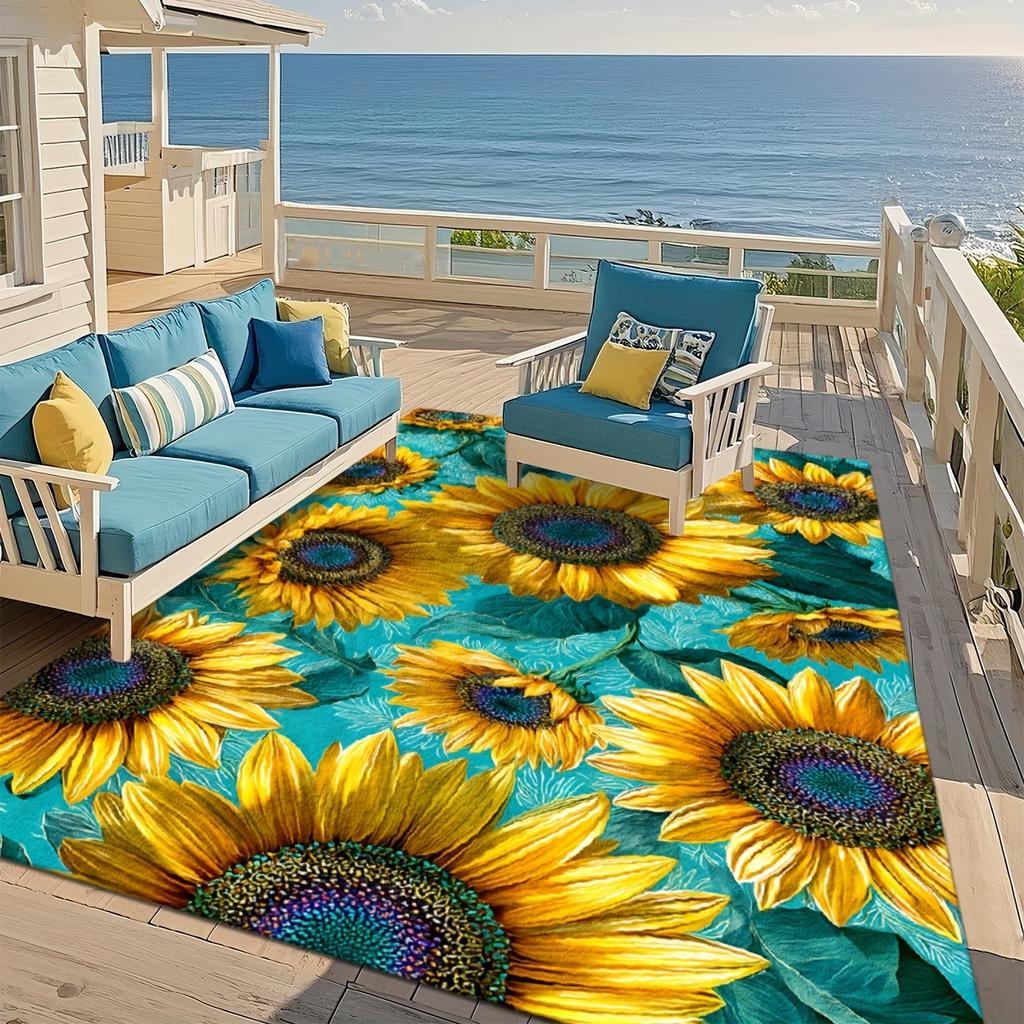 Sunflower Floral Printed Area Rug, Teal Background Decor Floor Mat, Soft Washable Rug for Living Room, Bedroom, Patio