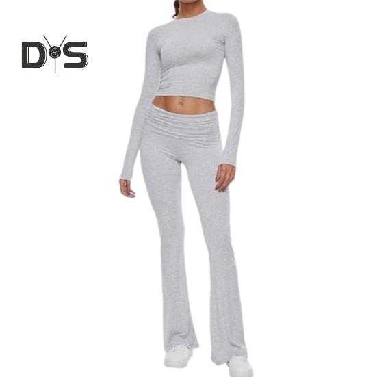 

2 шт./компл., женский топ, брючный костюм, узкий костюм с высокой талией, круглым вырезом и длинными рукавами, однотонный, эластичный, мягкий, дышащий, расклешенный низ для йоги, комплект футболок, весна-лето S светло-серый