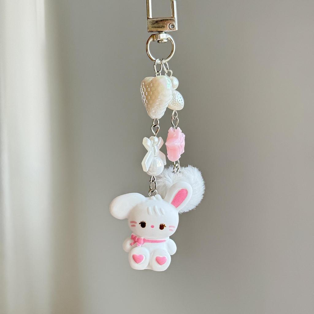 Adorable Rabbit Phone Charm & Keychain with Heart & Pompon Pendant