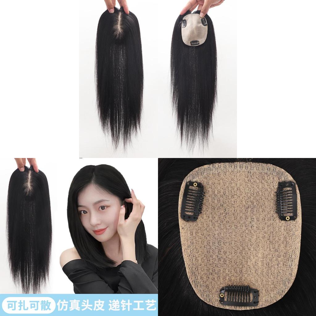 10 Zoll Dunkelbrauner Clip-in Echthaar Kronen-Topper, Seidenbasis Haar-Topper Mit Natürlichem Kopfhauteffekt Für Frauen