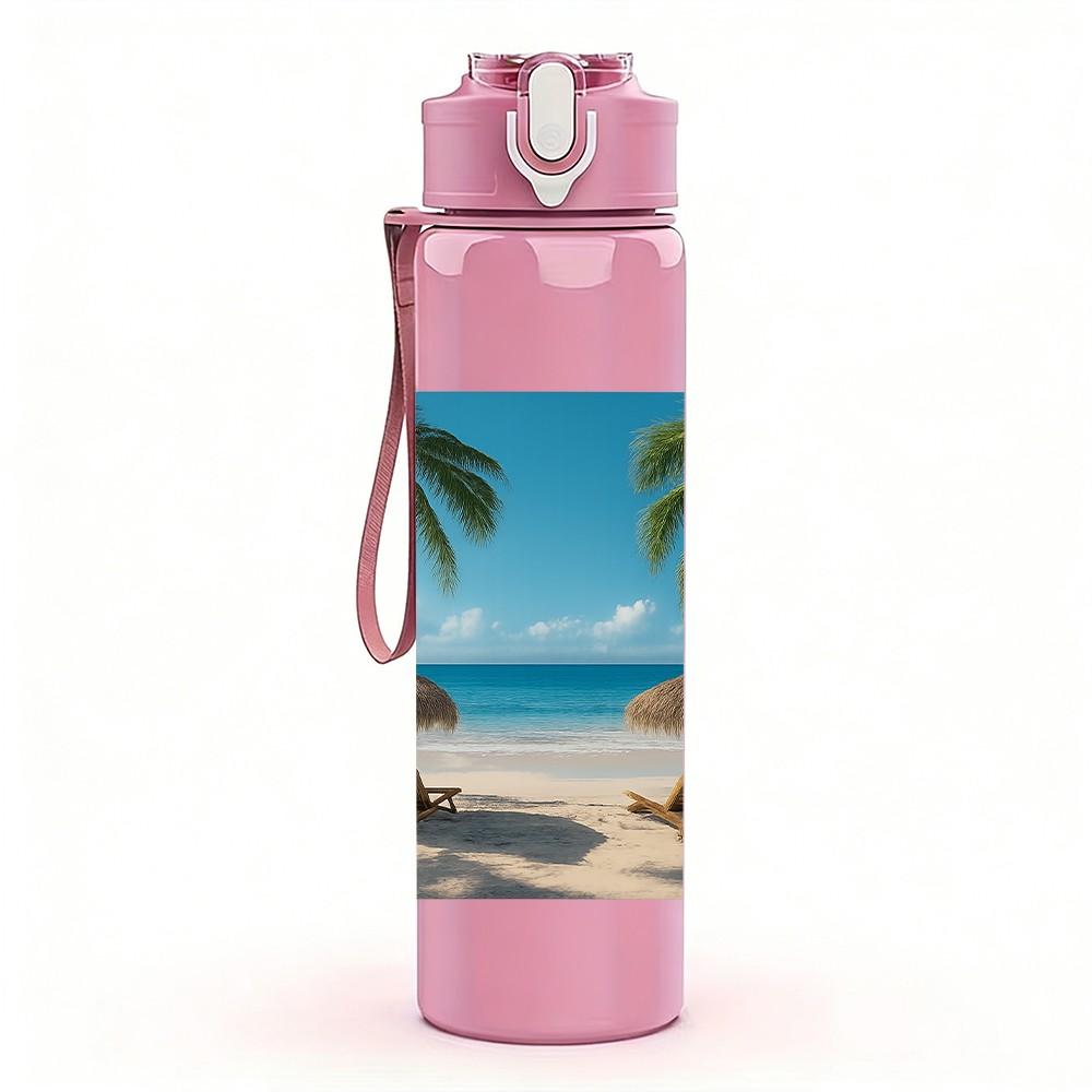 1PC Palm Tree Beach Tropical Island Print 750ml Color Plastic Sports Water Bottle Leakproof Flip Straw Lid Suitable for Sports Office Home Use