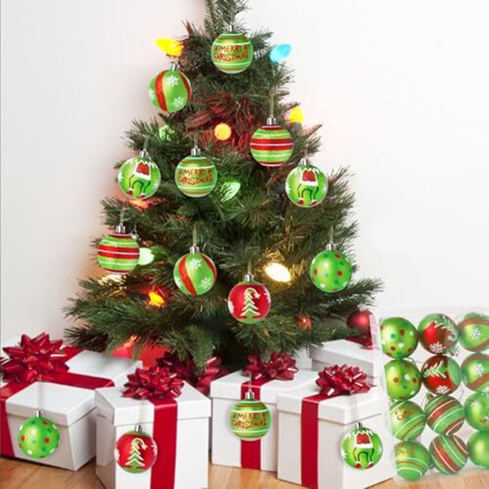 12PCS handpainted Christmas ball decorations featuring snowflake polka dot and tree motifs made from shatterproof plastic