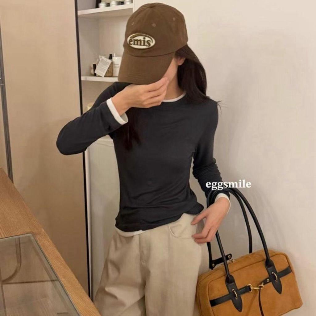 New Egg Women's Tencel Wool Two-Piece Long Sleeve Round Neck Slimming Color Block Top