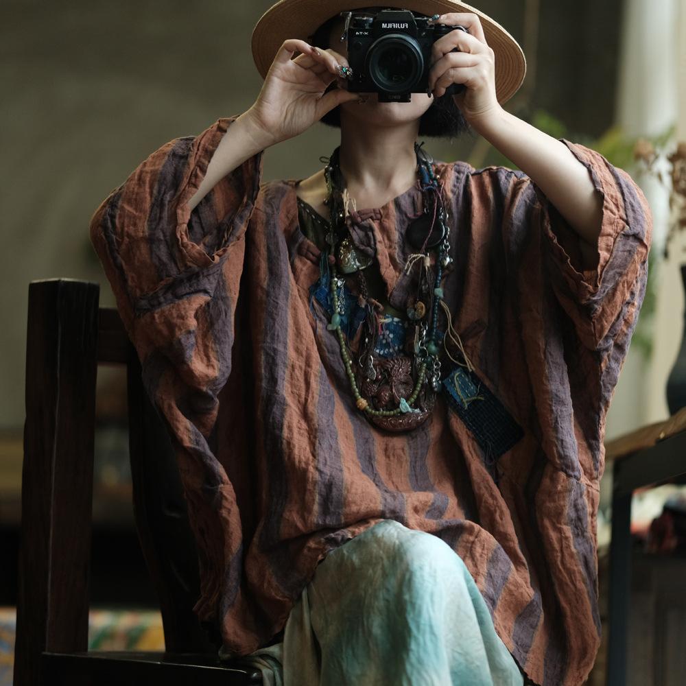 Johnature Vintage Women Striped T-Shirts Patchwork O-Neck Long Sleeve Autumn New Button Chinese Style Female T-Shirts